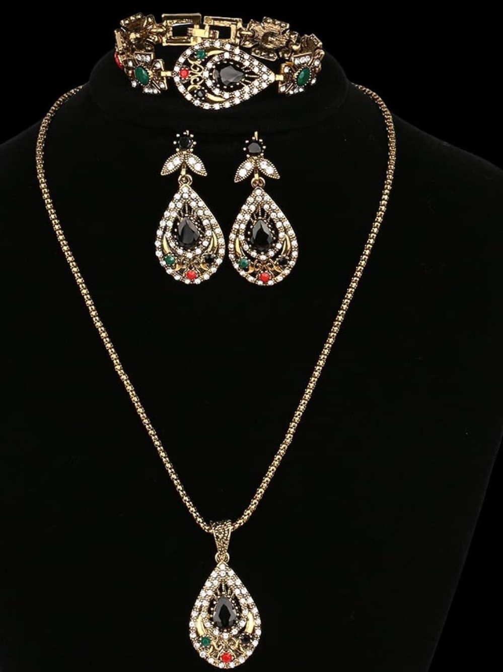 Ornate Teardrop Rhinestone Jewelry Set Necklace Earrings Bracelet